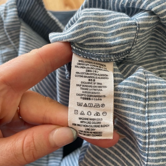 Free People Off Poplin Blue Stripe Chambray Combo Lace Up Mini Dress EUC Size S - Picture 11 of 12
